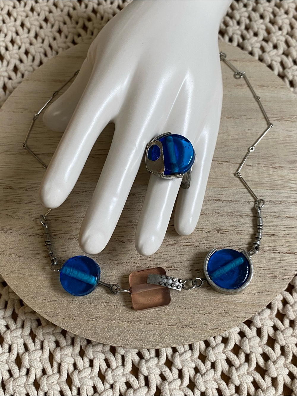Anne-Marie Chagnon Artisan Glass & Pewter Statement Necklace & Ring Set 🇨🇦